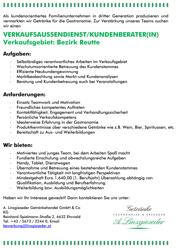 Stellenausschreibung Außendienst Linzgieseder 2019