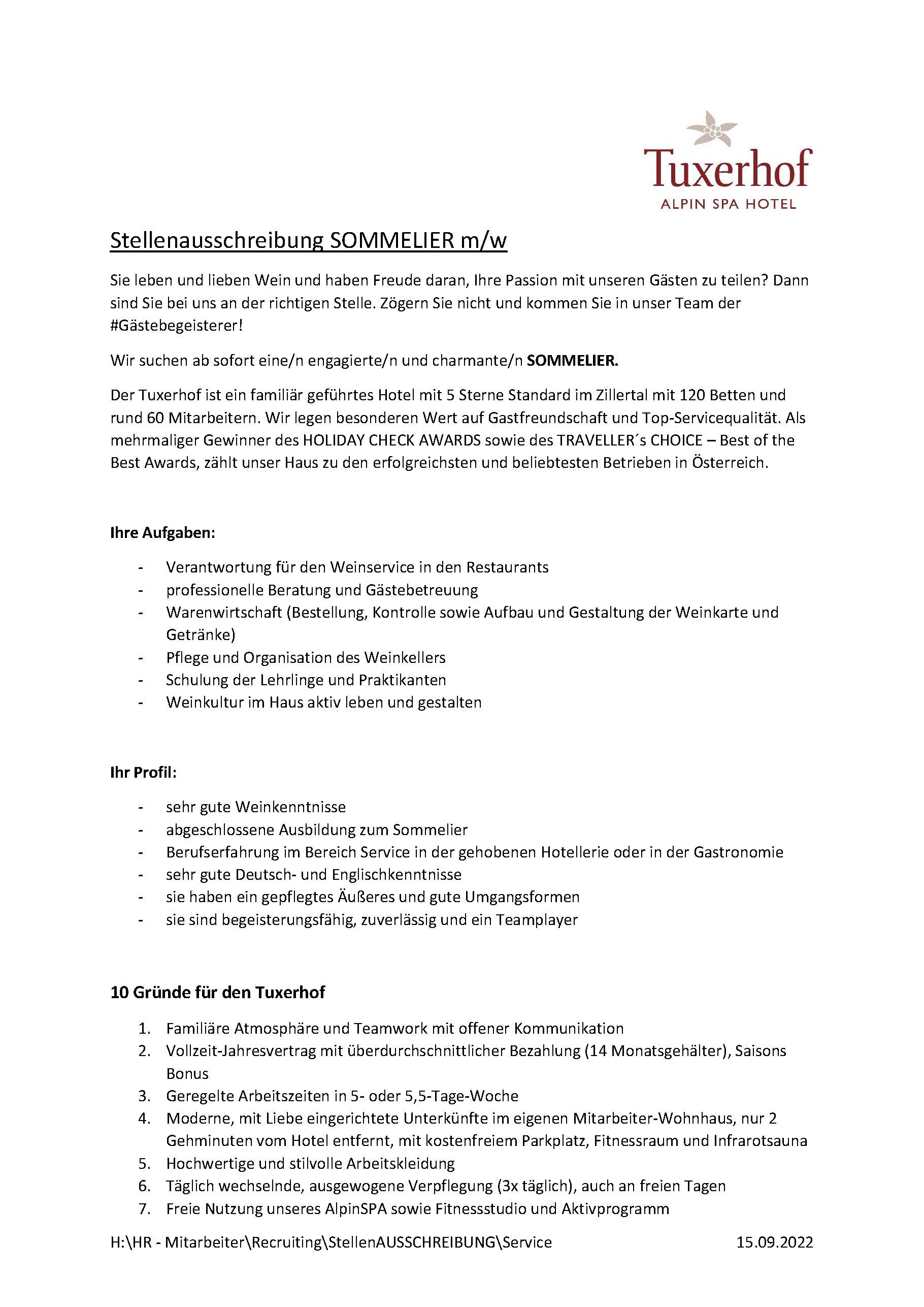 Stellenaussschreibung SOMMELIER Alpin Spa Hotel Tuxerhof Seite 1